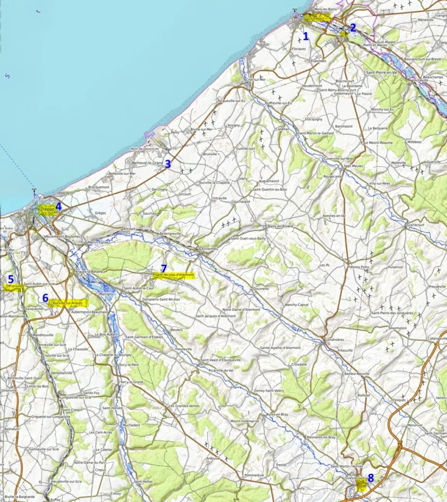From Dieppe to Treport map / Rund um Dieppe