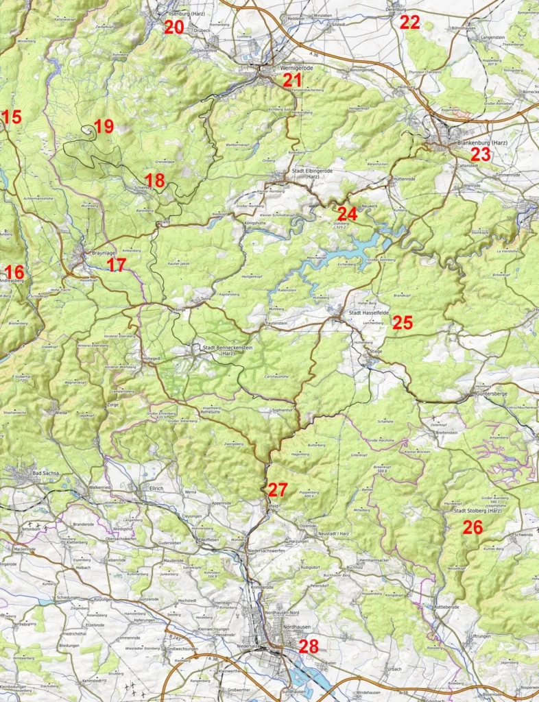 Harz attractions map. From Wernigerode to Tilleda