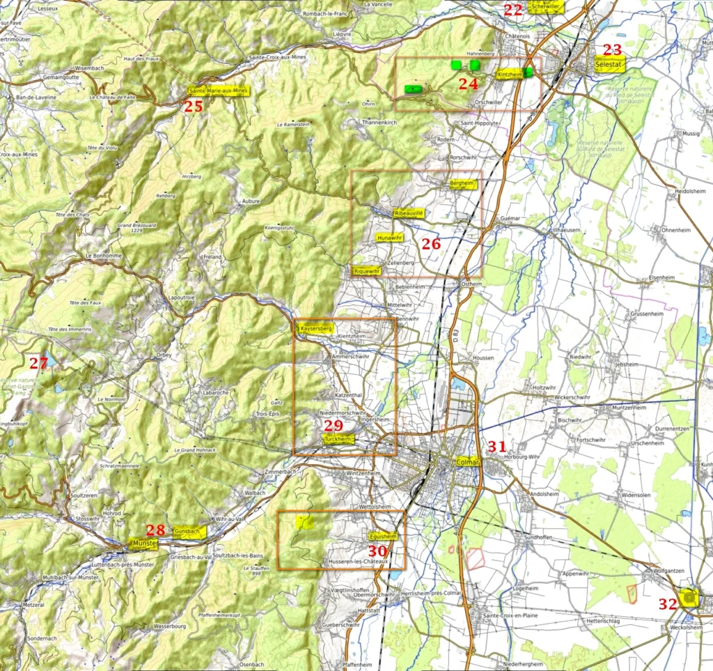 Alsace attractions What to see in Alsace map / Elsass Sehenswürdigkeiten von Selestat bis Colmar